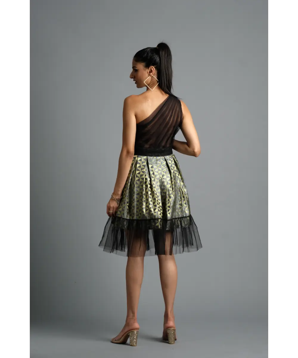AASTHA SOOD - Steal grey Geometric Brocade Dress